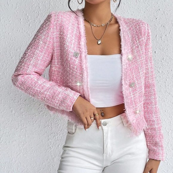 . Jackets & Blazers - Pink Casual Womens Raw Trim Double Breasted Tweed Overcoat